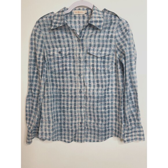 Tory Burch Shirt Womens Size 4 Blue Brigitte Button Down Top - Picture 1 of 13